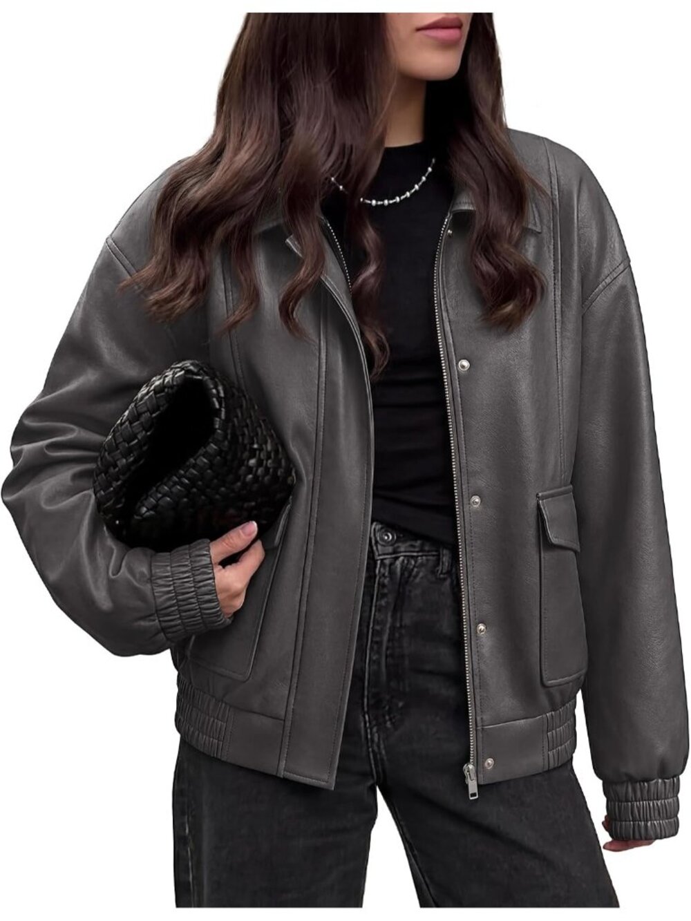 Women's Grey Faux Leather Fall Clothes Long Sleeve Jacket Snap and Zipper
